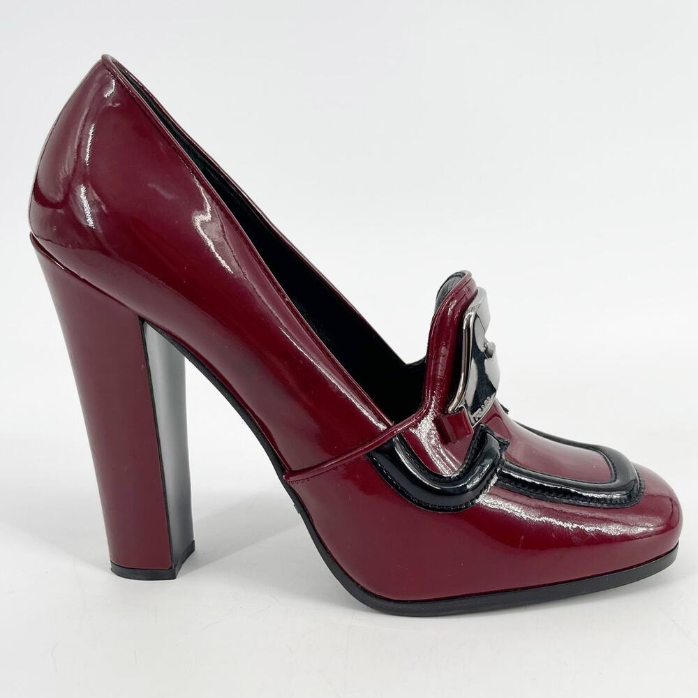Prada Fall 2010 Burgundy Patent Leather Loafer Square Toe Block Heels IT 39.5 - Picture 2 of 16